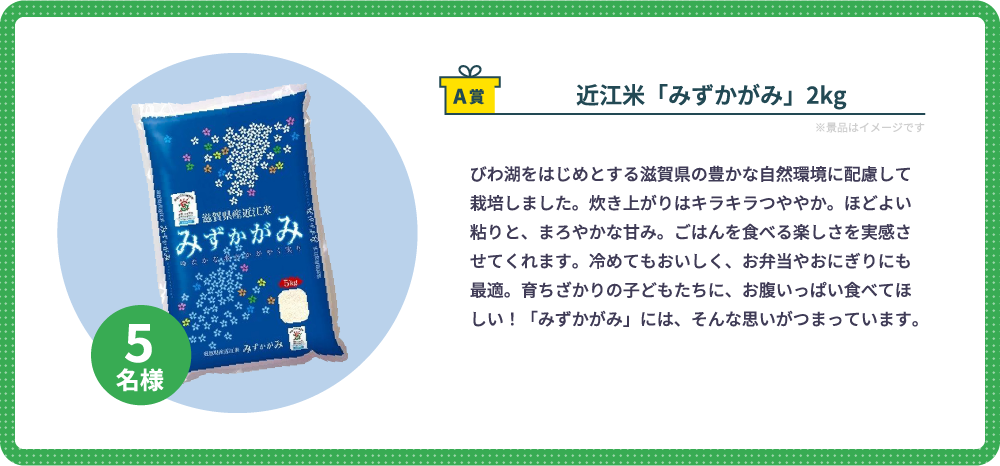 A賞　近江米「みずかがみ」2kg（5名様）：びわ湖をはじめとする滋賀県の豊かな自然環境に配慮して栽培しました。炊き上がりはキラキラつややか。ほどよい粘りと、まろやかな甘み。ごはんを食べる楽しさを実感させてくれます。冷めてもおいしく、お弁当やおにぎりにも最適。育ちざかりの子どもたちに、お腹いっぱい食べてほしい！「みずかがみ」には、そんな思いがつまっています。
