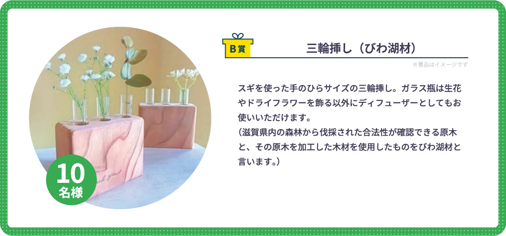 B賞　三輪挿し（びわ湖材）（10名様）：スギを使った手のひらサイズの三輪挿し。ガラス瓶は生花やドライフラワーを飾る以外にディフューザーとしてもお使いいただけます。（滋賀県内の森林から伐採された合法性が確認できる原木と、その原木を加工した木材を使用したものをびわ湖材と言います。）